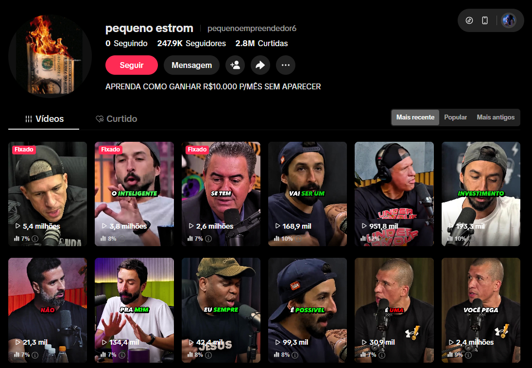 Canal pequeno empreendedor — nicho Cortes Virais com 247.9K seguidores e 2.8M curtidas no TikTok