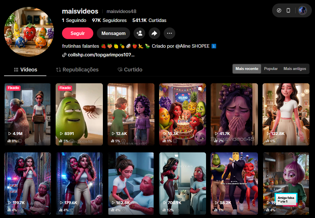 Canal maisvideos48 — nicho Frutas Falantes com 97K seguidores e 541.1K curtidas no TikTok