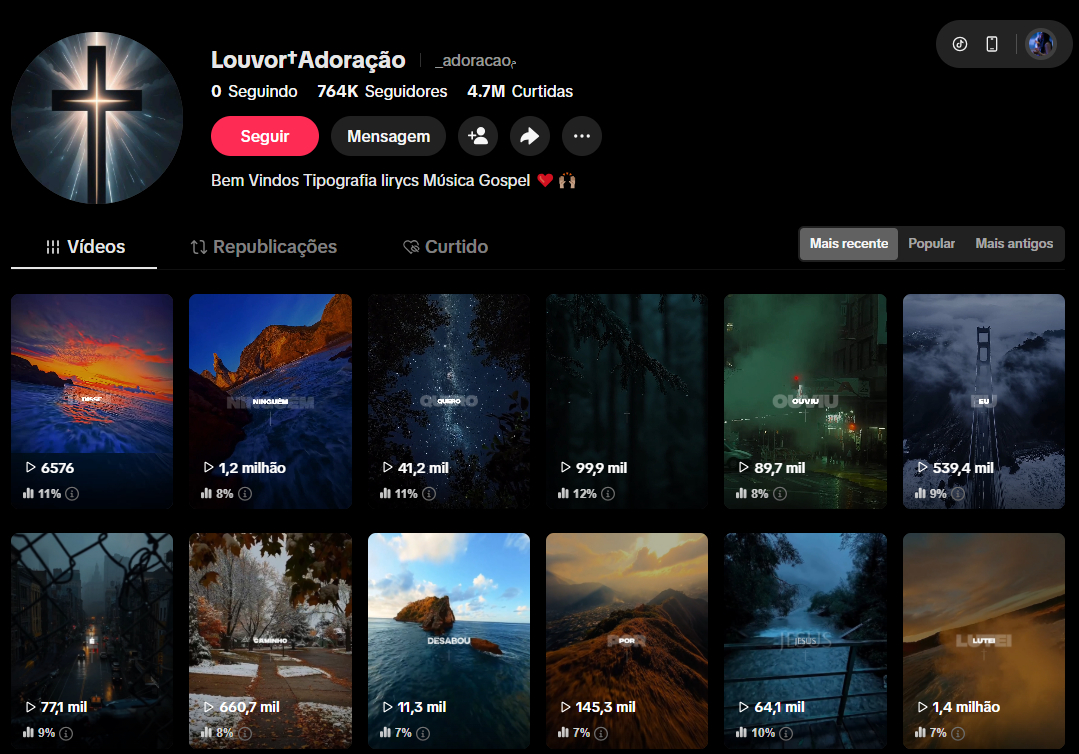 Canal Louvor Adoração — nicho Gospel com 764K seguidores e 4.7M curtidas no TikTok